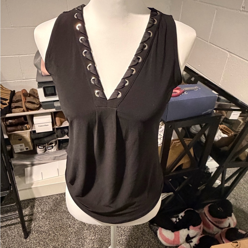 Black Sleeveless Top with Eyelet Detail